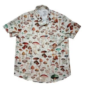 Magical Mushroom Print Lightweight Button Up Shirt Size Large Mens Polyester